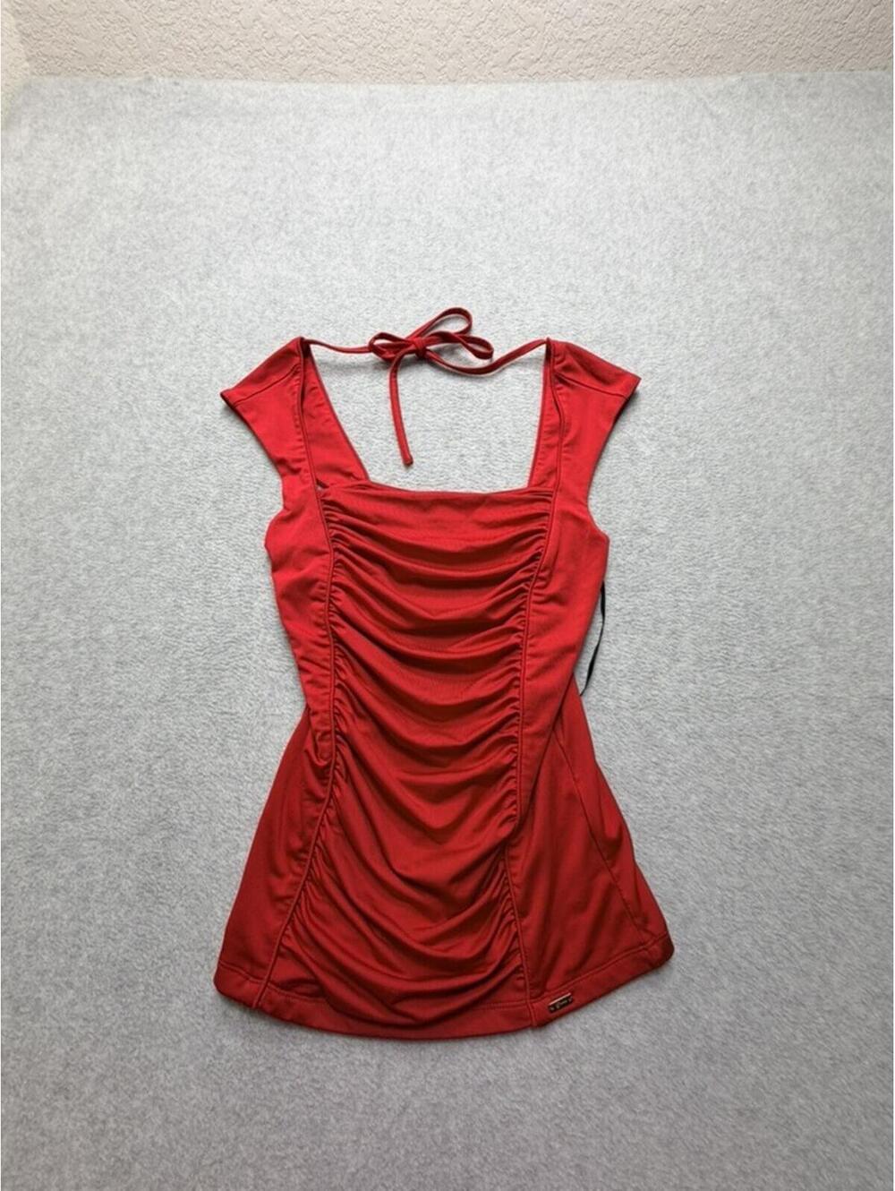 Guess Womens Halter Top Ruched‎ Sleeveless Square Neck M Red Halter Tie